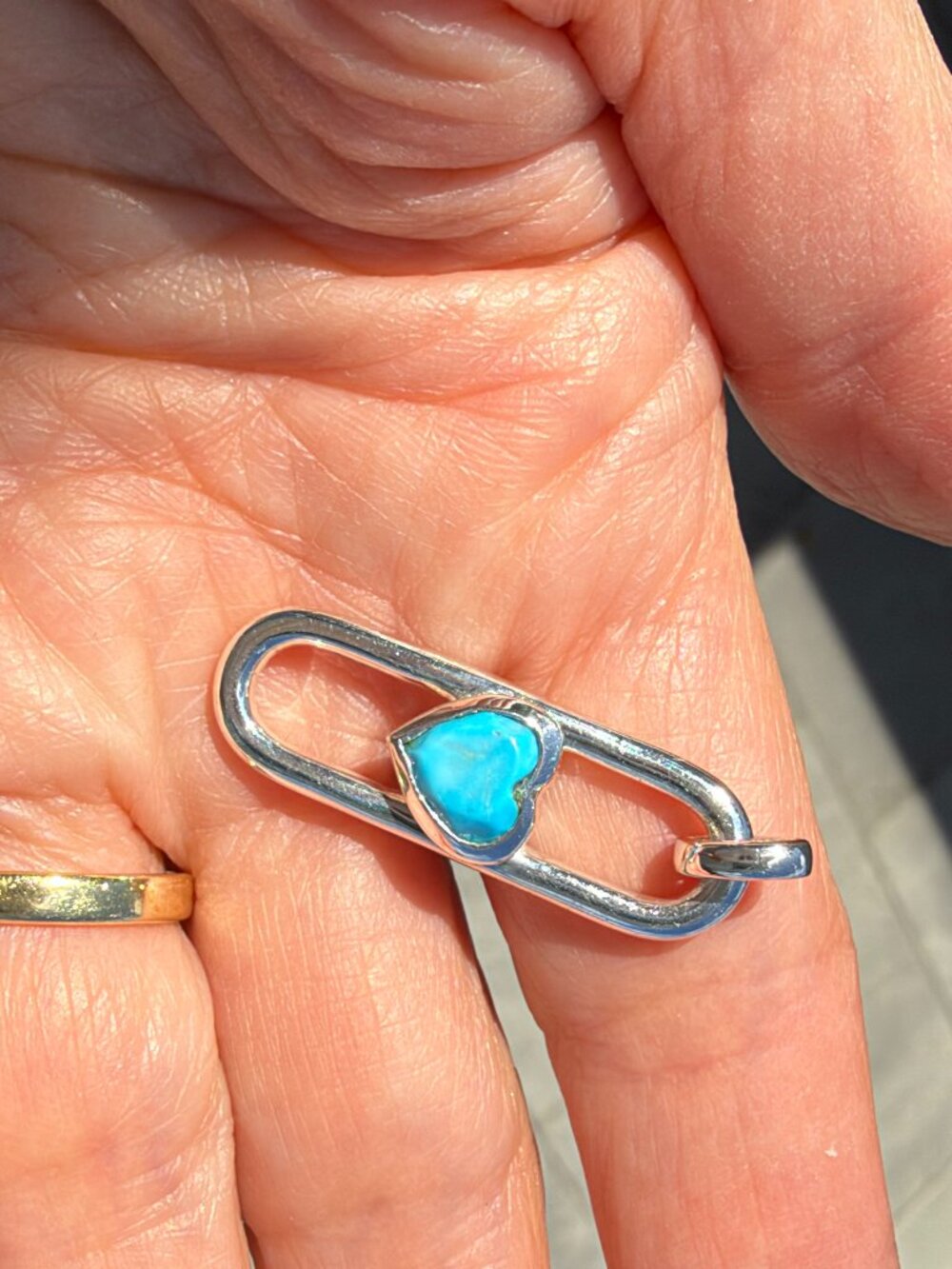 Sterling silver trombone link connector or charm with gemstone turquoise heart